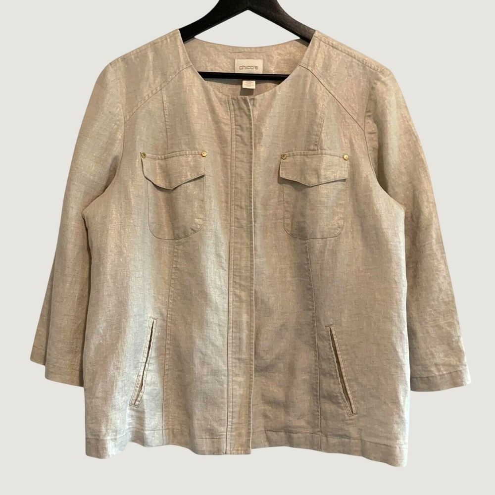 Chico's Womens Linen Jacket Beige Metallic Zip Front Utility 3/4 Sleeve Sz 2(L)